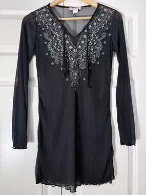 OBE Black Sheer Embellished Swim Cover-Up Tunic Y2K Boho Size L